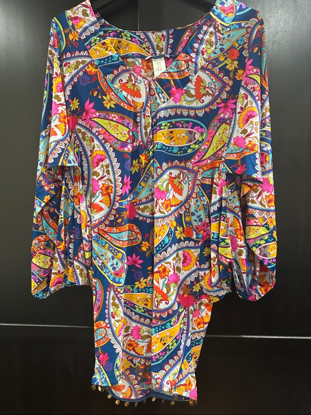 Trina Turk Navy Multicolor Paisley Bell-Sleeve Tunic Coverup